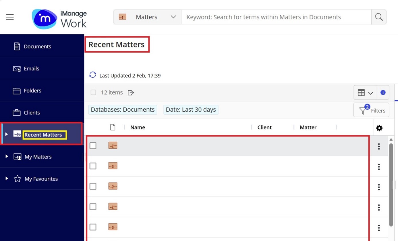 Recent matters view showing recent documents