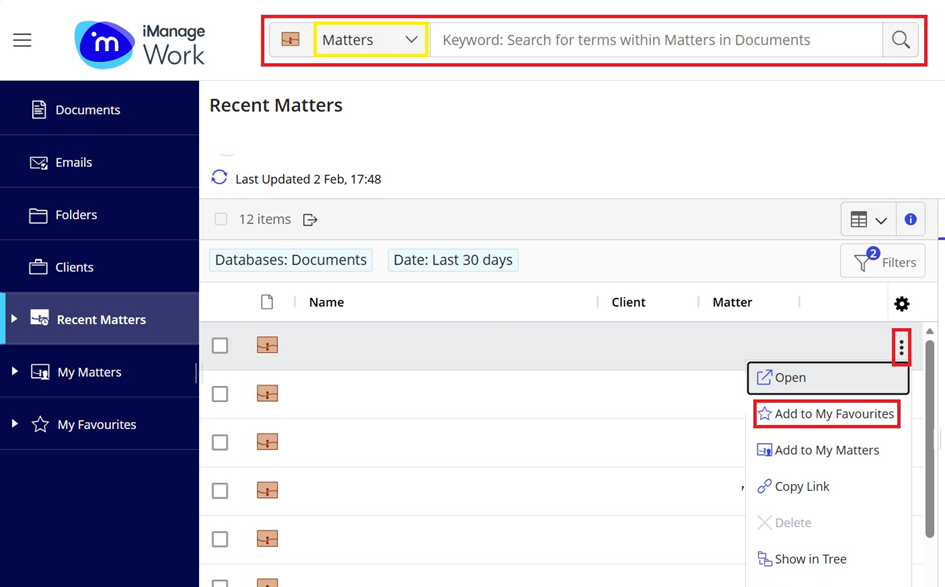 Search in Matters by matter number